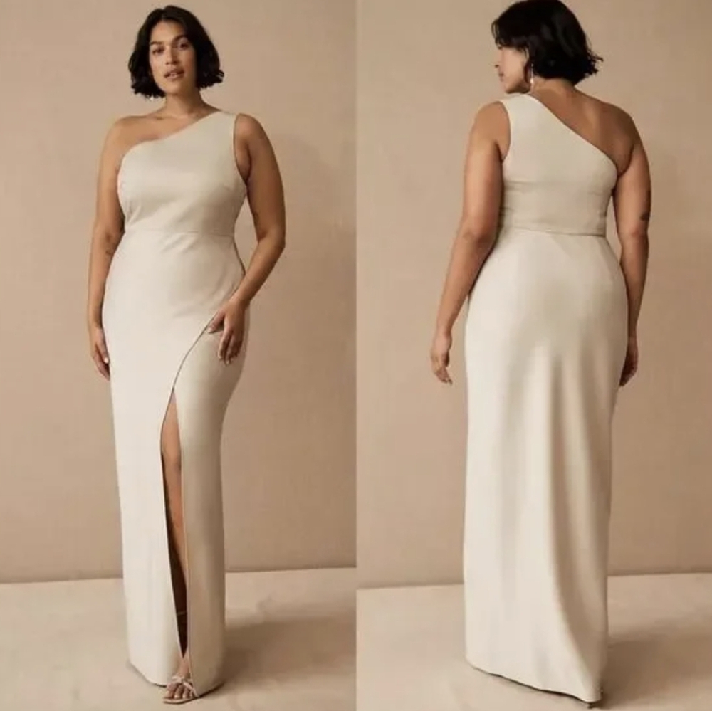 NWT BHLDN | Anthro Dylan One-Shoulder Satin Side-Slit Gown Sz 4 Champagne